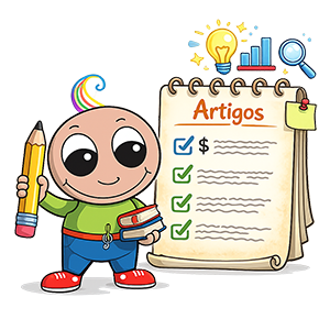 Leo, a mascote da Compasso, com um caderno de artigos